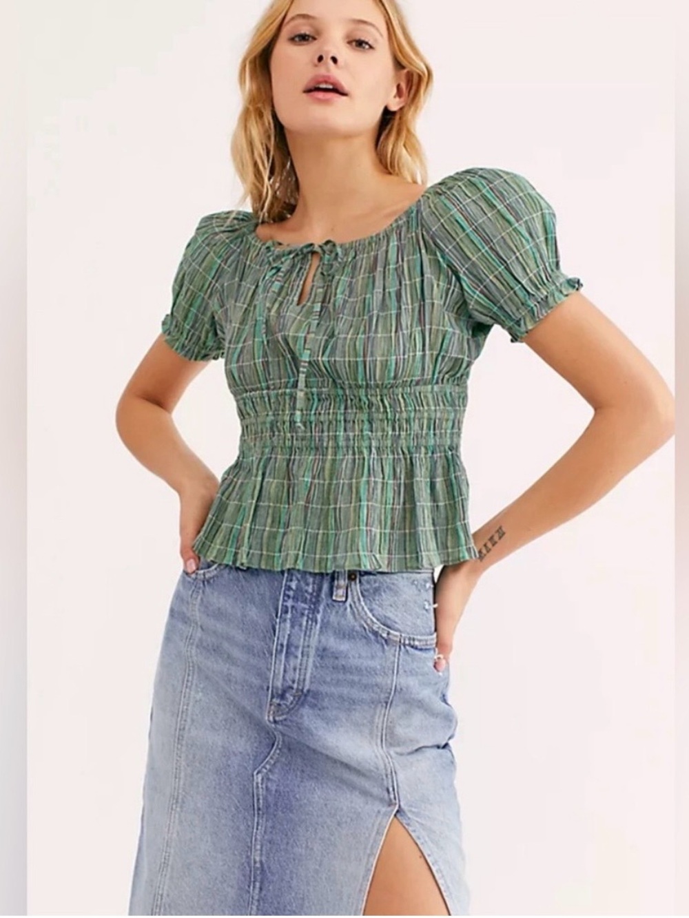 Free People Green Smocked Stripe Puff Sleeve Top Small Boho Cottagecore